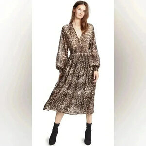 Nili Lotan Brienne Midi Dress Leopard Print Surplice V Neck Ballon Long Sleeves